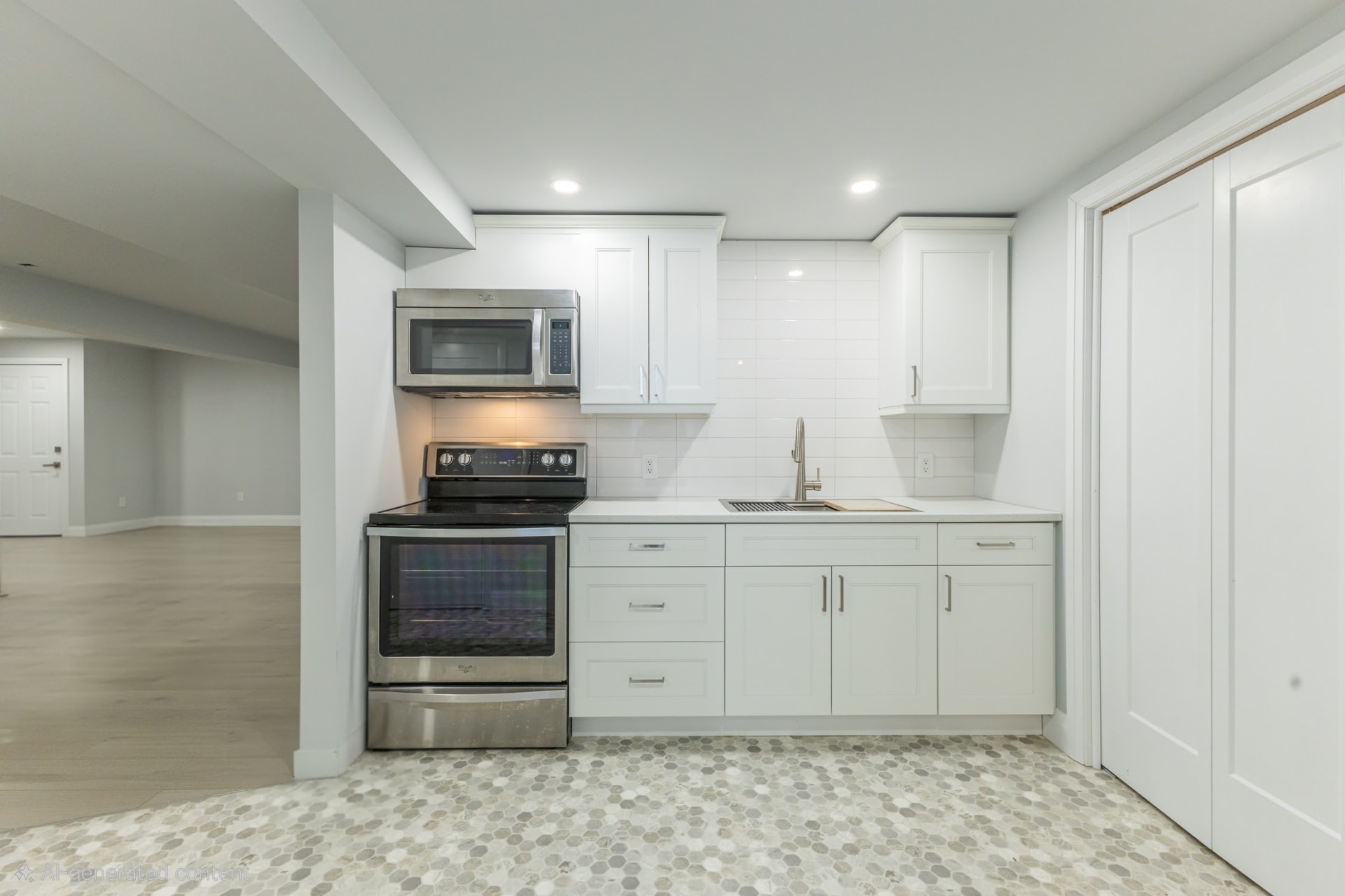 Basement kitchenette with white cabinets, quartz counter and hexagon mosaic tile floor