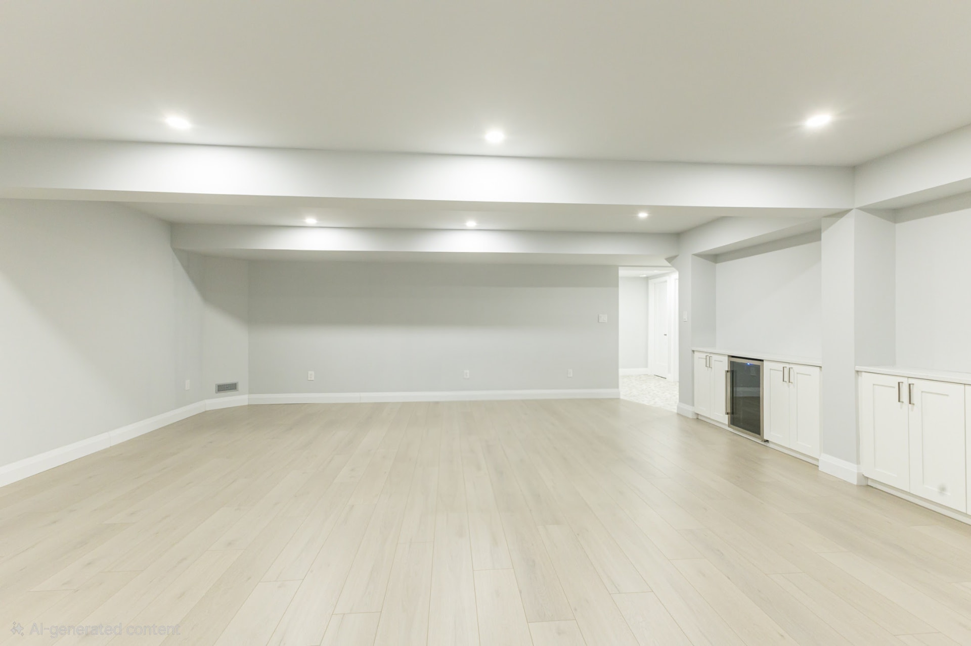 Finished basement rec room with light plank flooring, pot lights and built-in cabinetry