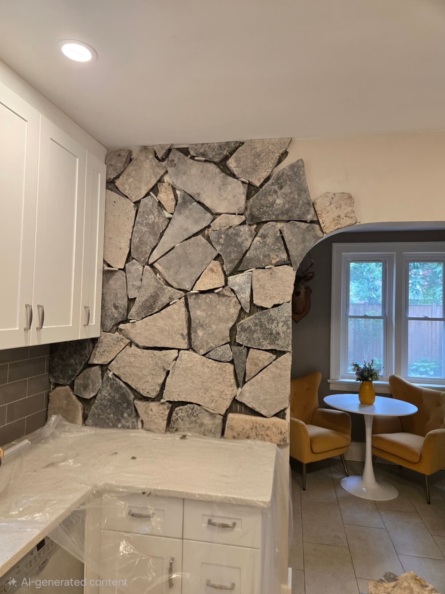 Natural flagstone being installed over the kitchen feature wall and around the archway