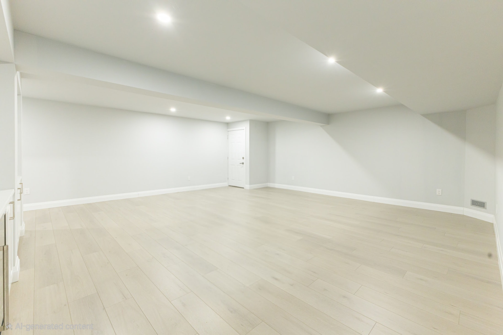 Bright open basement family room with recessed lighting and wide-plank floors