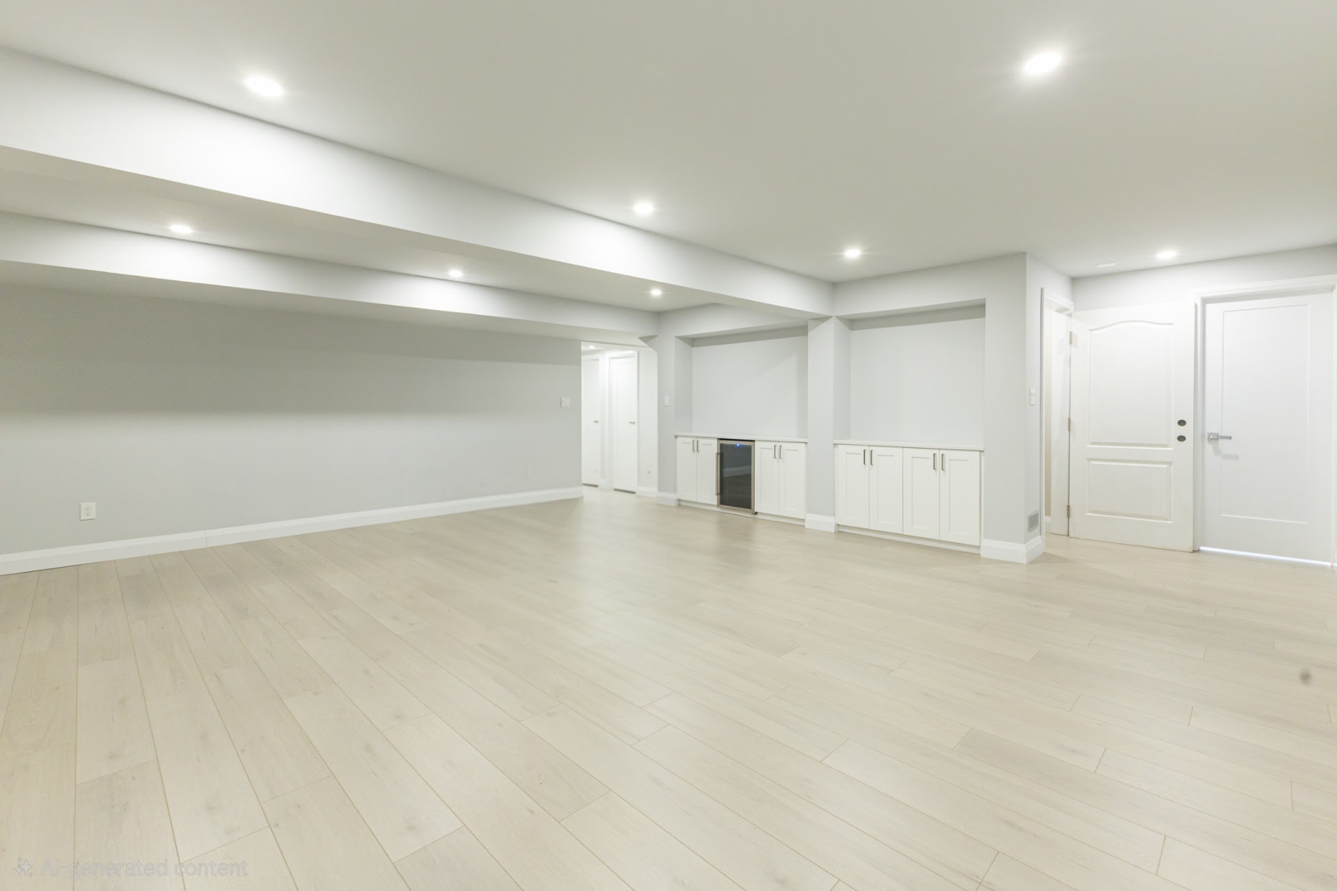 Open basement living area with built-in bar cabinets and beverage fridge