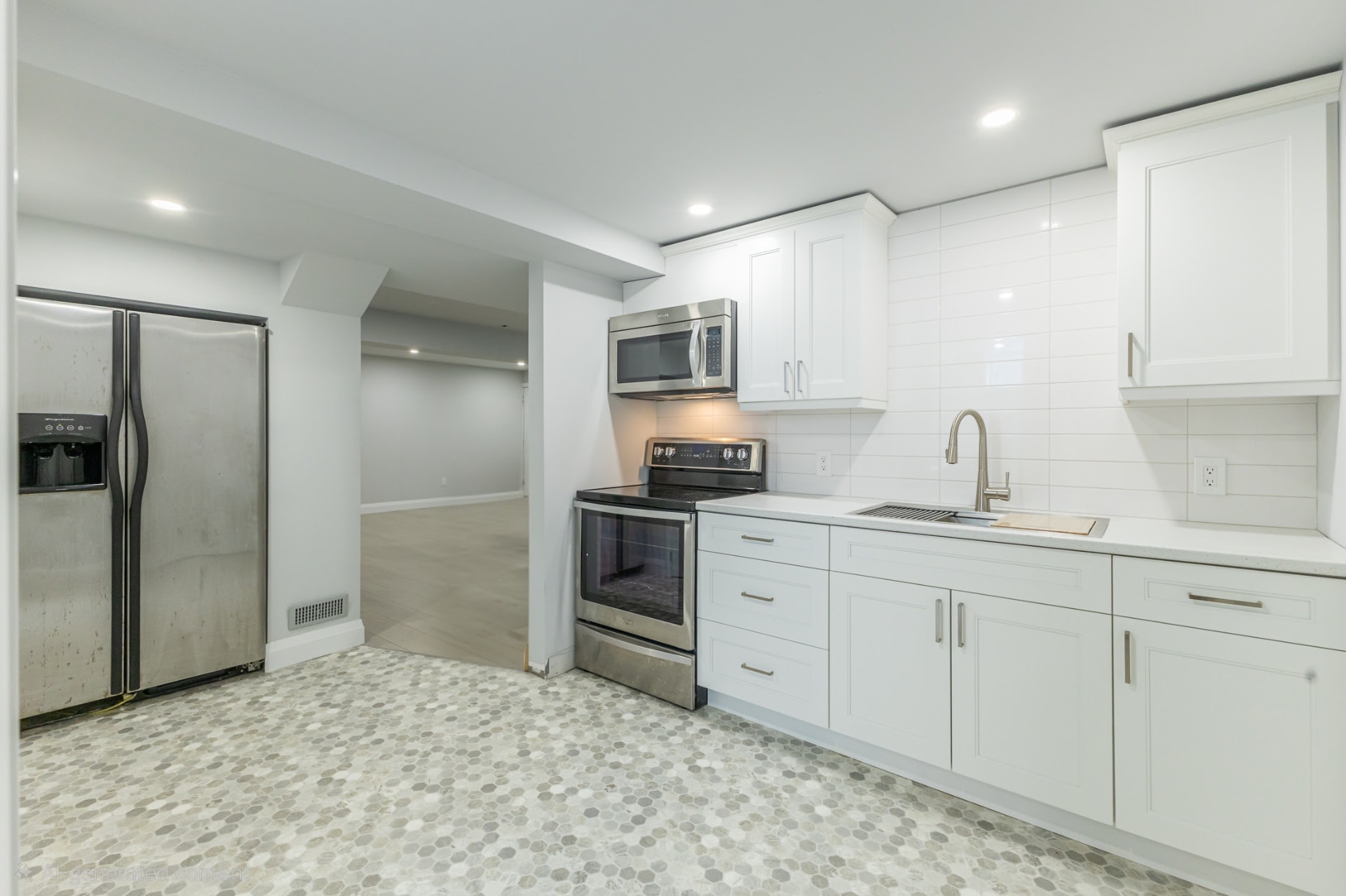 Second view of the basement kitchenette with stainless appliances and subway tile backsplash