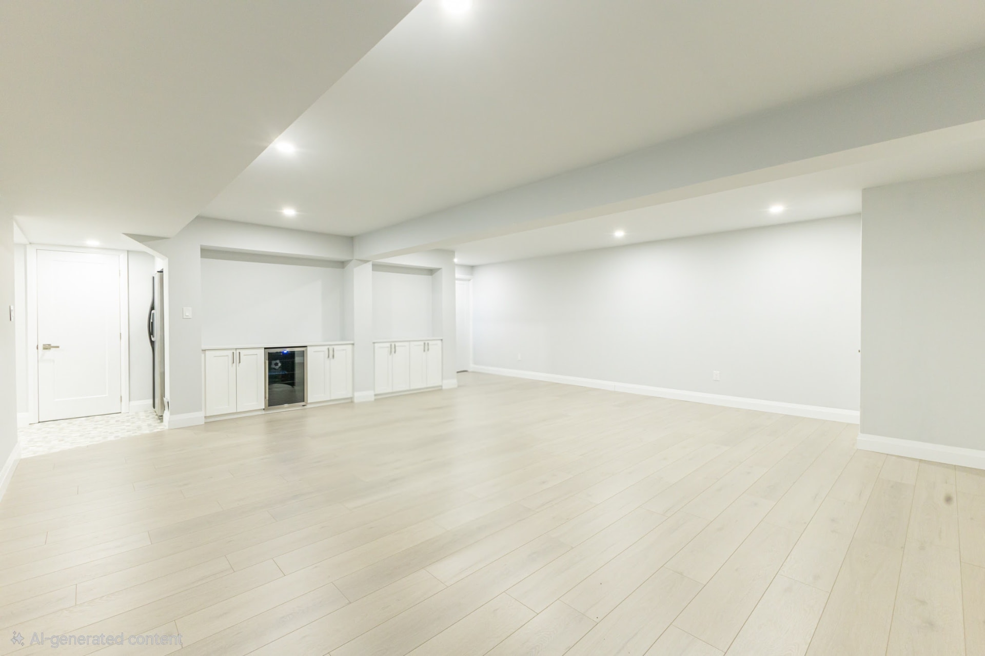Basement wet bar with white shaker cabinets, wine fridge and full-size refrigerator